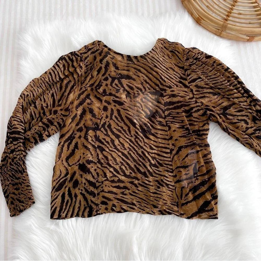 Gianni Tiger Print Bishop Sleeve Top Tie Back Animal Print Brown Orange NEW